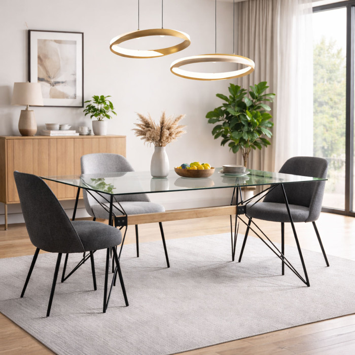 Tavolo piano in vetro L160xP80 cm struttura in acciaio verniciato con inserto in legno