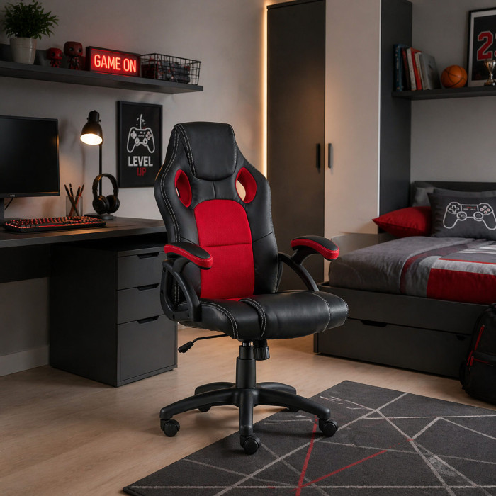 Poltrona da Gaming e/o ufficio sedia gioco girevole con rotelle mod. Adam col. Nero/Rosso