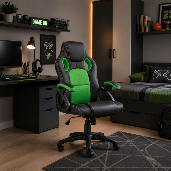 Poltrona da Gaming e/o ufficio sedia gioco girevole con rotelle mod. Adam col. Nero/verde