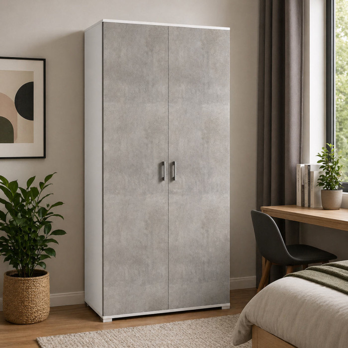 Mobile armadio 2 ante texture 3d 4 ripiani L90xP45xH195 cm COMPOS Bianco/Cemento