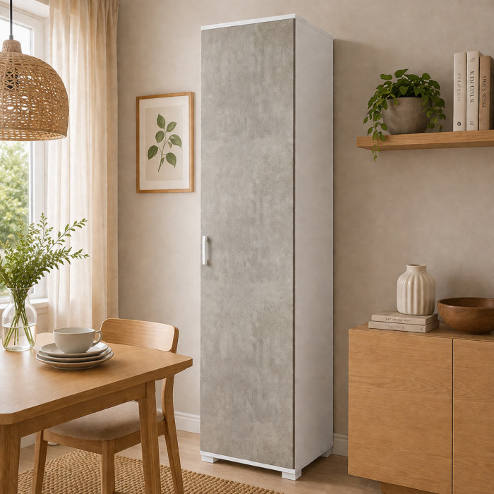 Mobile armadio 1 anta colonna cucina multiuso 4 ripiani L45xP45xH195 cm COMPOS Bianco/Cemento