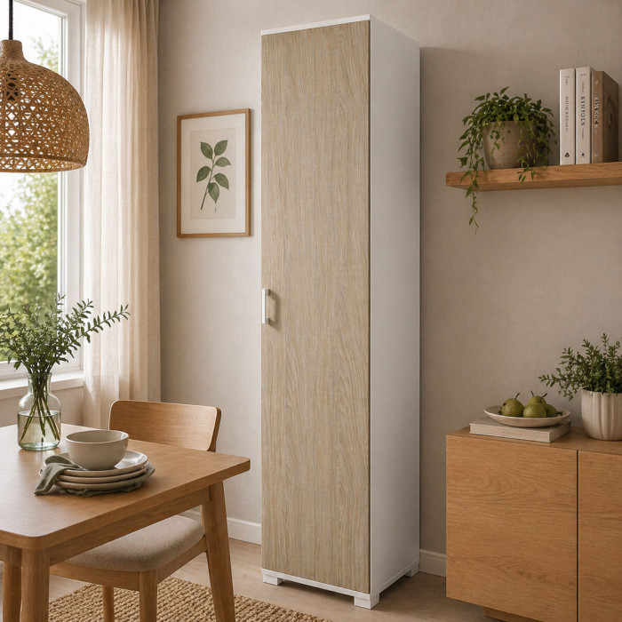 Mobile armadio 1 anta colonna cucina multiuso 4 ripiani L45xP45xH195 cm COMPOS Bianco/rovere