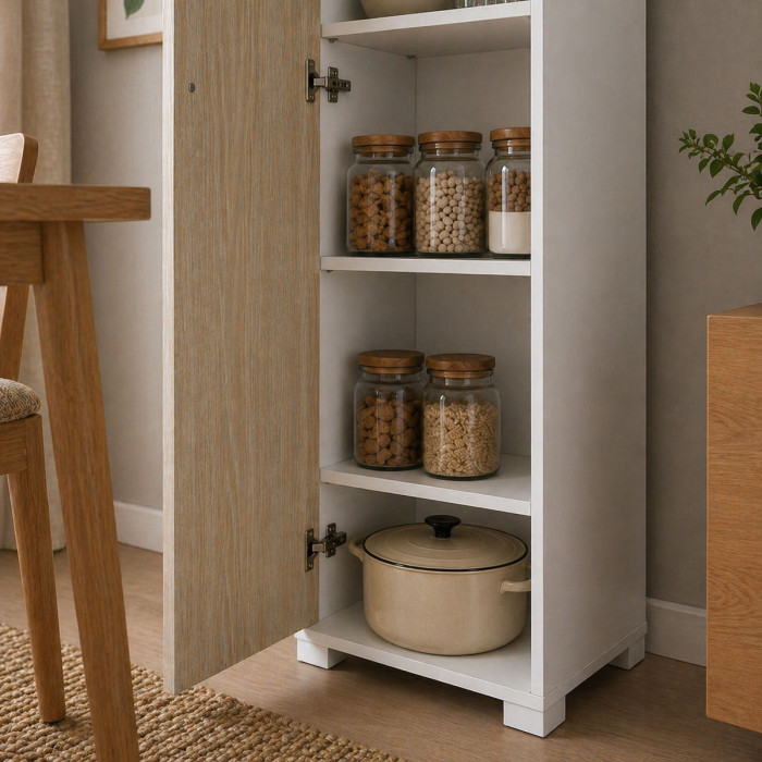 Mobile armadio 1 anta colonna cucina multiuso 4 ripiani L45xP45xH195 cm COMPOS Bianco/rovere