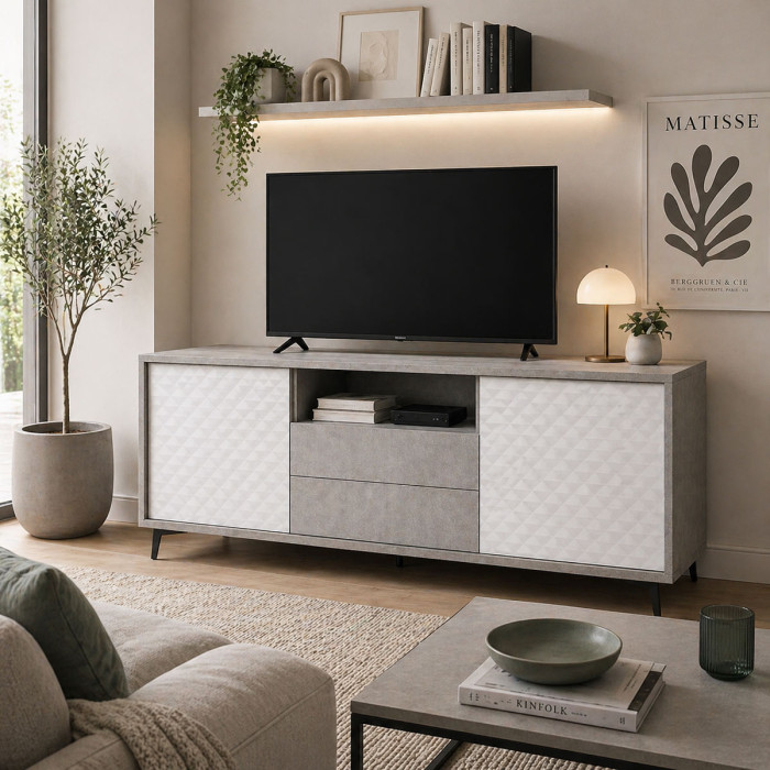 Mobile porta tv madia 2 ante 2 cassetti L184 x P45 x H77 cm PASSWORD Beton/Bianco