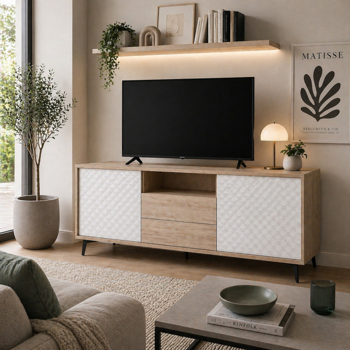 Mobile porta tv madia 2 ante 2 cassetti L184 x P45 x H77 cm PASSWORD Rovere/Bianco