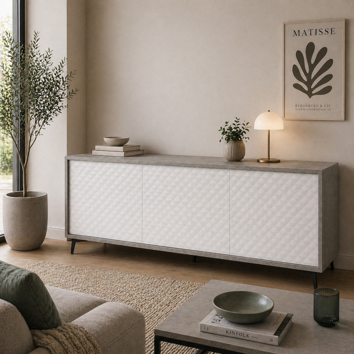 Mobile madia credenza porta tv 3 ante con ripiani interni L184 x P45 x H77 cm PASSWORD Beton/Bianco