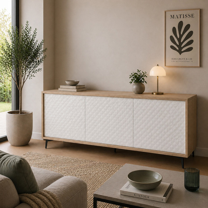 Mobile madia credenza porta tv 3 ante con ripiani interni L184 x P45 x H77 cm PASSWORD Rovere/Bianco