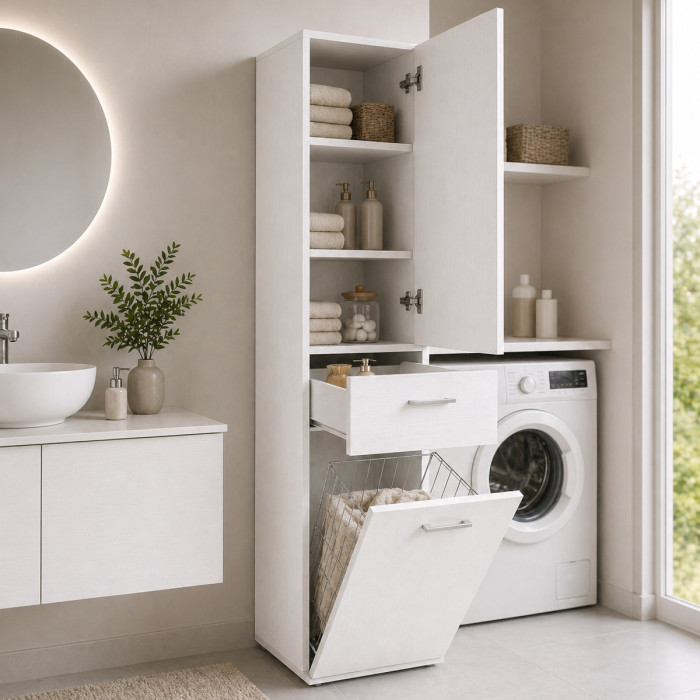 Mobile colonna lavanderia cesto porta biancheria L45xP32xH195 cm LAUNDRYCOMPOS Bianco frassinato