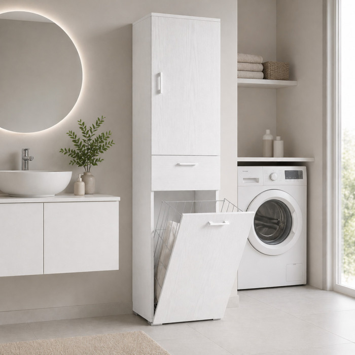 Mobile colonna lavanderia cesto porta biancheria L45xP32xH195 cm LAUNDRYCOMPOS Bianco frassinato