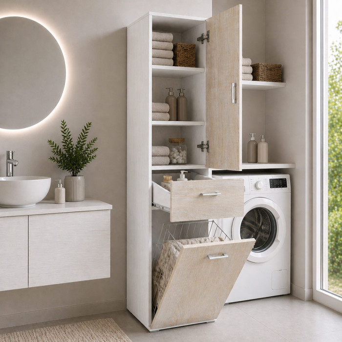 Mobile colonna lavanderia cesto porta biancheria L45xP32xH195 cm LAUNDRYCOMPOS rovere