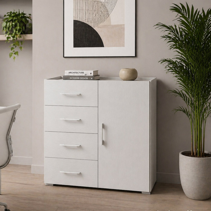 Mobile 4 cassetti 1 anta texture 3d L90xP40xH87 cm CONTEMPORARY Bianco