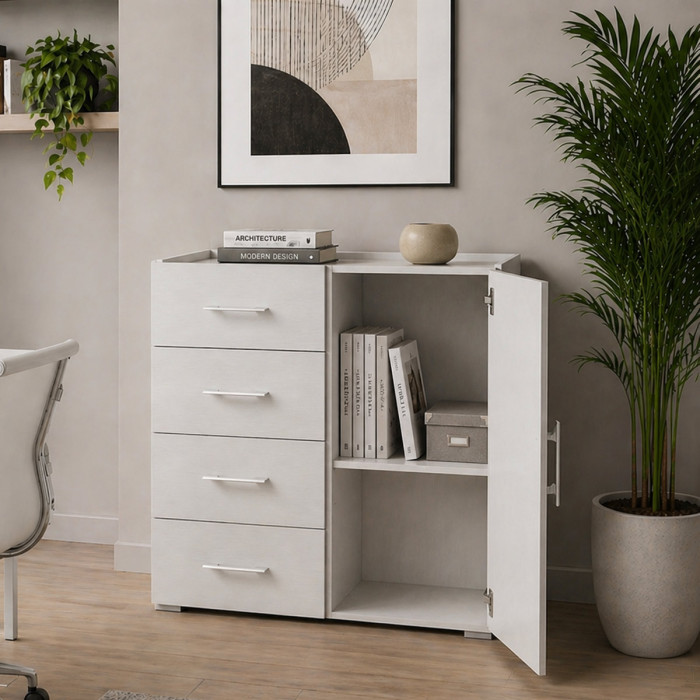 Mobile 4 cassetti 1 anta texture 3d L90xP40xH87 cm CONTEMPORARY Bianco