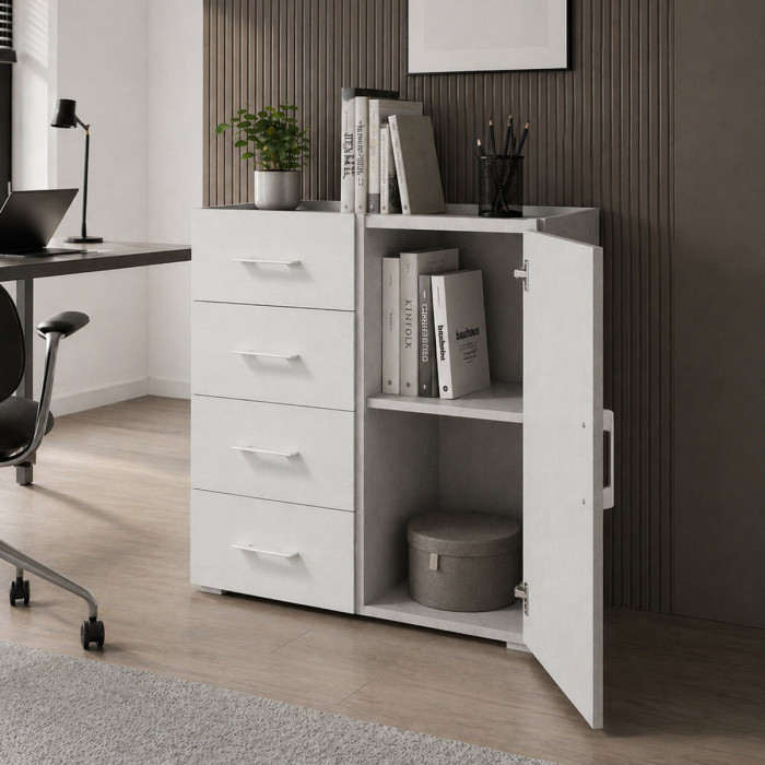 mobile-4-cassetti-1-anta-arredo-casa-studio-L90xP40xH87-cm-contemporary-bianco-frassinato-cemento