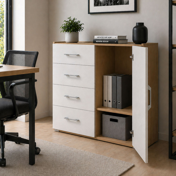 mobile-4-cassetti-1-anta-arredo-casa-studio-L90xP40xH87-cm-contemporary-bianco-frassinato-rovere