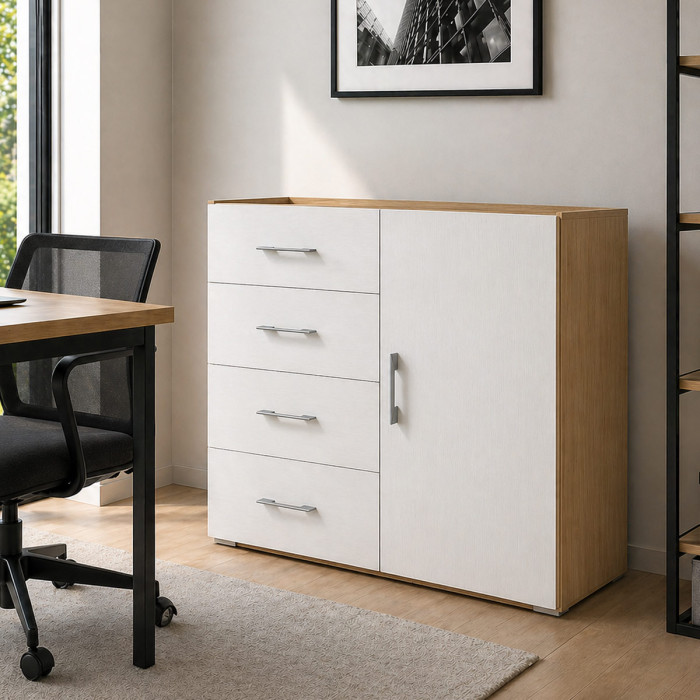 mobile-4-cassetti-1-anta-arredo-casa-studio-L90xP40xH87-cm-contemporary-bianco-frassinato-rovere