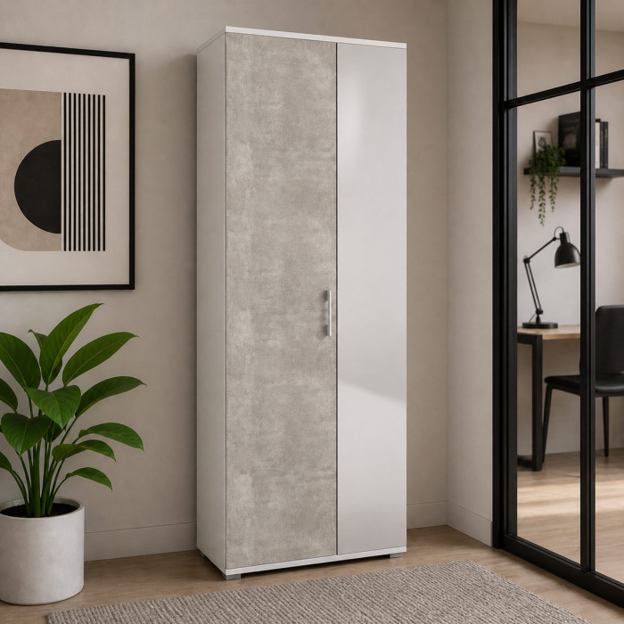 Armadio multiuso scarpiera 2 ante texture 4 ripiani L72xP37xH195 cm COMPOS Bianco/Cemento con specchio