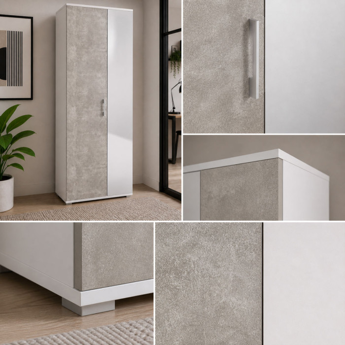 Armadio multiuso scarpiera 2 ante texture 4 ripiani L72xP37xH195 cm COMPOS Bianco/Cemento con specchio