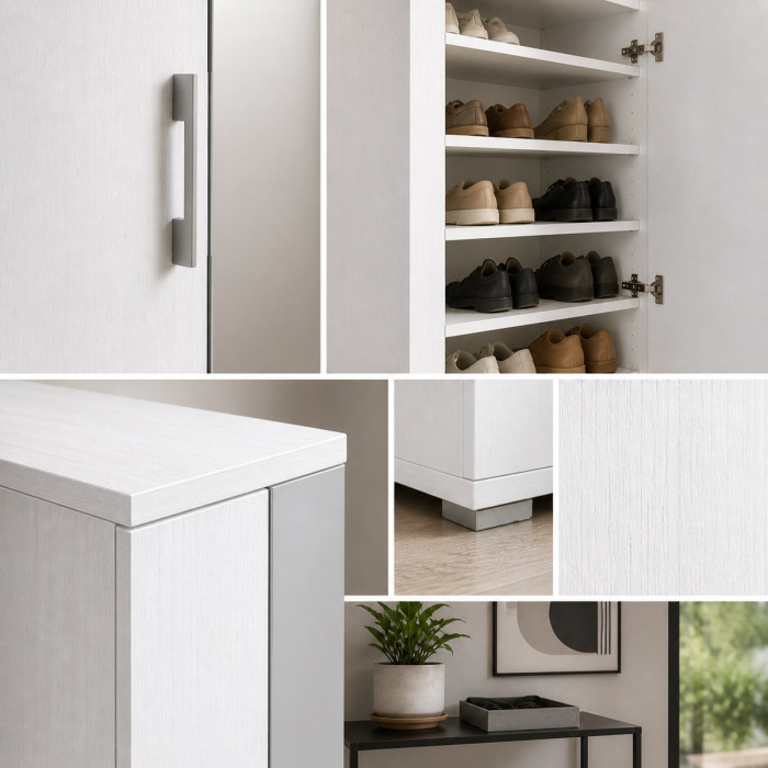 Armadio multiuso scarpiera 2 ante texture 6 ripiani e cassetto L72xP37xH195 cm COMPOS Bianco frassinato con specchio