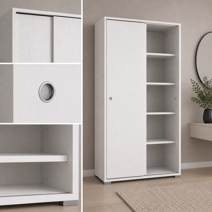 Armadio multiuso 2 ante scorrevoli 4 ripiani interni ideale per casa e ufficio L90xP45xH195 cm SLIDE Bianco frassinato