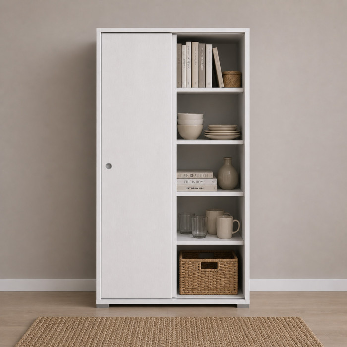 Armadio multiuso 2 ante scorrevoli 4 ripiani interni ideale per casa e ufficio L90xP45xH195 cm SLIDE Bianco frassinato