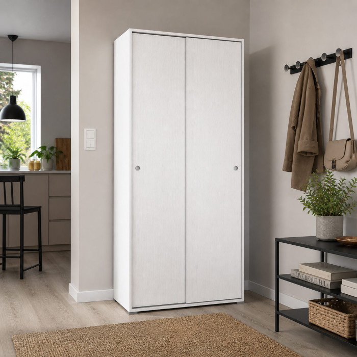 Armadio multiuso 2 ante scorrevoli 4 ripiani interni ideale per casa e ufficio L90xP45xH195 cm SLIDE Bianco frassinato