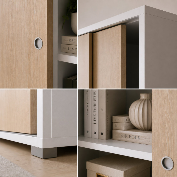 Armadio multiuso 2 ante scorrevoli 4 ripiani interni ideale per casa o ufficio L90xP45xH195 cm SLIDE bianco frassinato e rovere