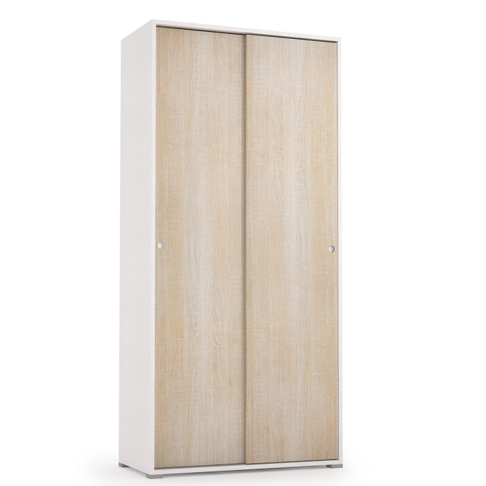 Armadio multiuso 2 ante scorrevoli 4 ripiani interni ideale per casa o ufficio L90xP45xH195 cm SLIDE bianco frassinato e rovere