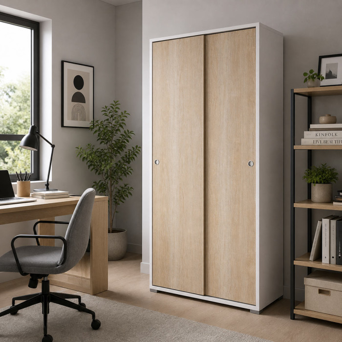 Armadio multiuso 2 ante scorrevoli 4 ripiani interni ideale per casa o ufficio L90xP45xH195 cm SLIDE bianco frassinato e rovere
