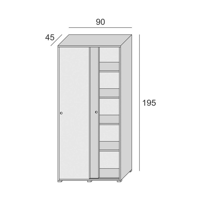 Armadio multiuso 2 ante scorrevoli 4 ripiani interni ideale per casa o ufficio L90xP45xH195 cm SLIDE bianco frassinato e rovere