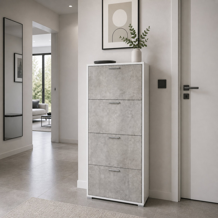 Mobile scarpiera 4 ante a ribalta doppio contenitore 24 paia L67xP28xH147 cm  Bianco Frassinato/Cemento