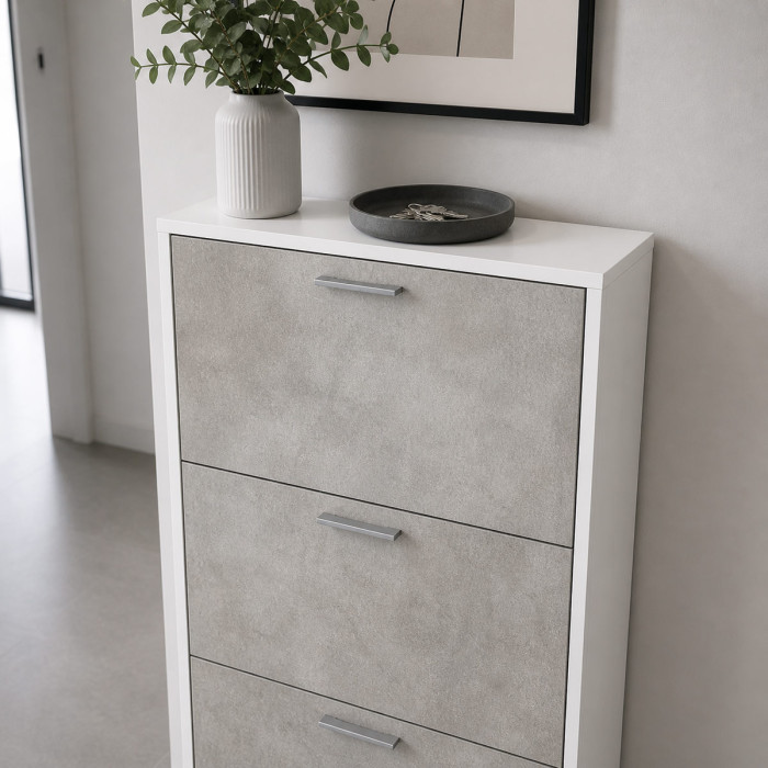 Mobile scarpiera 4 ante a ribalta doppio contenitore 24 paia L67xP28xH147 cm  Bianco Frassinato/Cemento