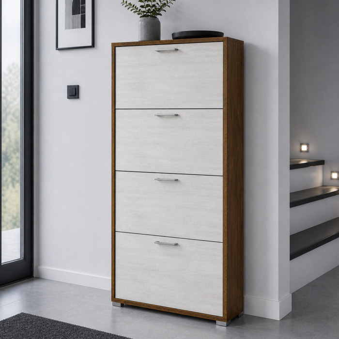Mobile scarpiera 4 ante a ribalta doppio contenitore 24 paia L67xP28xH147 cm  Rovere scuro - Larice