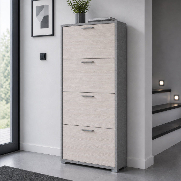 Mobile scarpiera 4 ante a ribalta doppio contenitore 24 paia L67xP28xH147 cm Tessuto grigio e Larice
