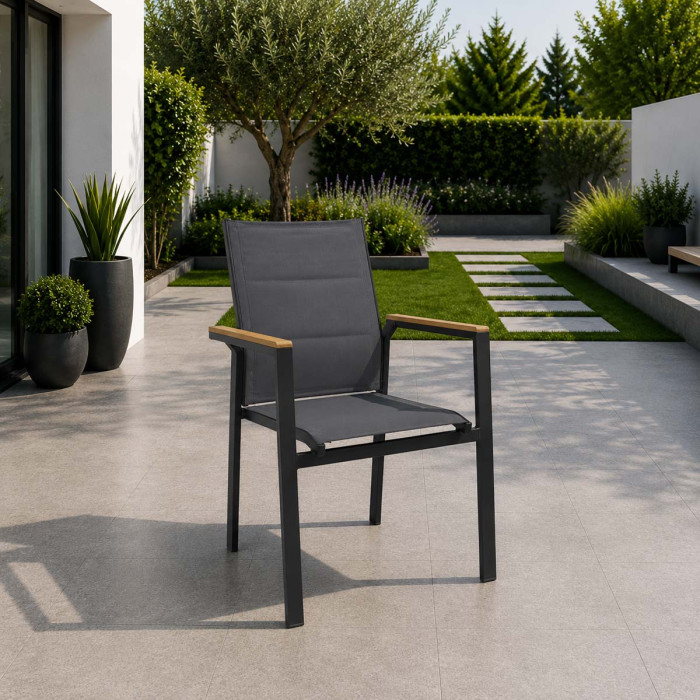 Sedia da giardino outdoor con braccioli in alluminio e polywood effetto teak con textilene imbottito elly antracite