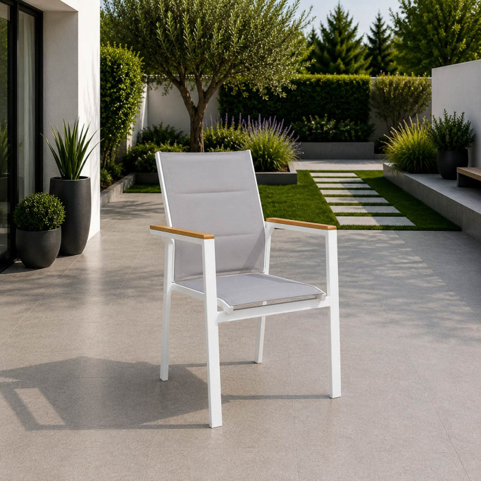Sedia da giardino outdoor con braccioli in alluminio e polywood effetto teak con textilene imbottito elly bianco