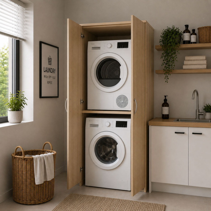 Mobile armadio lavanderia colonna porta lavatrice e asciugatrice con ante PRIME rovere well
