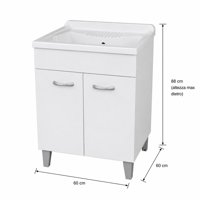 Mobile lavatoio lavanderia per interno in legno 2 ante L60 x P60 x H88 cm vasca in resina Bianco