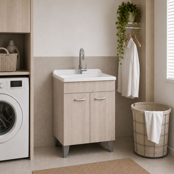 Mobile lavatoio lavanderia per interno in legno 2 ante L60 x P60 x H88 cm vasca in resina Olmo Perla