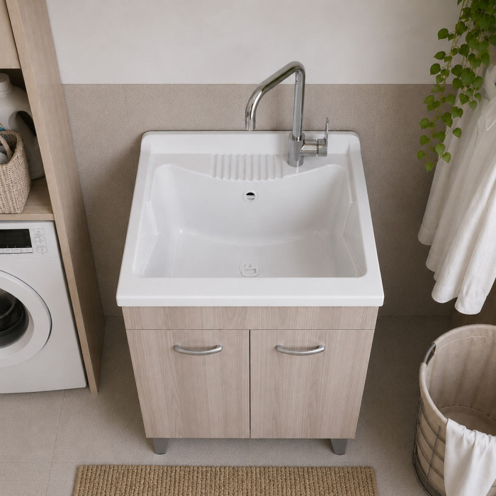 Mobile lavatoio lavanderia per interno in legno 2 ante L60 x P60 x H88 cm vasca in resina Olmo Perla