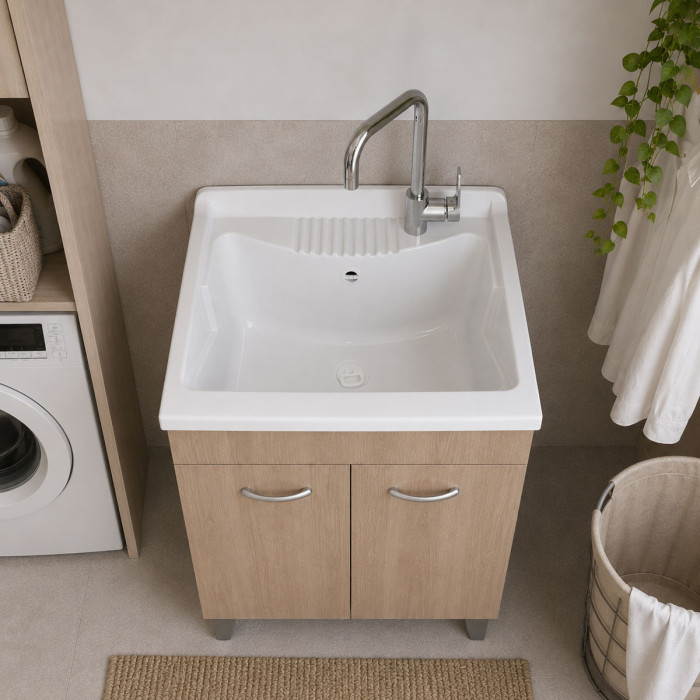 Mobile lavatoio lavanderia per interno in legno 2 ante L60 x P60 x H88 cm vasca in resina Rovere Well