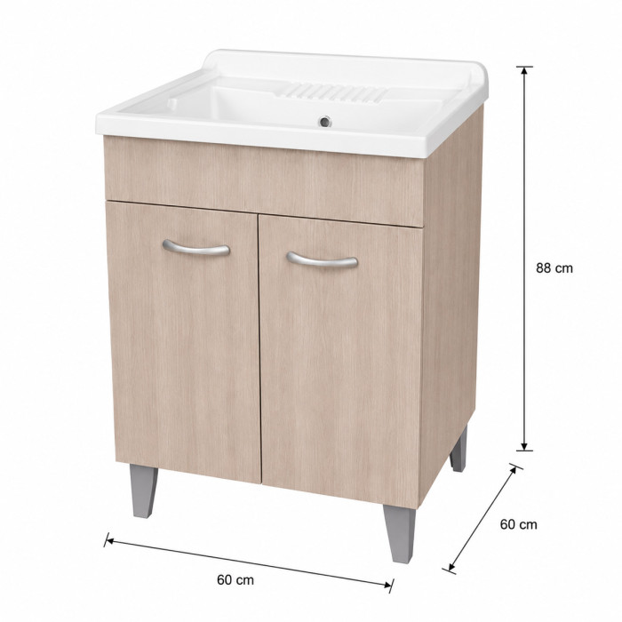 Mobile lavatoio lavanderia per interno in legno 2 ante L60 x P60 x H88 cm vasca in resina Olmo Perla