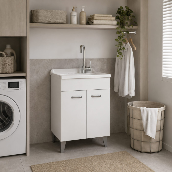 Mobile lavatoio lavanderia per interno in legno 2 ante L60 x P50 x H88 cm vasca in resina Bianco