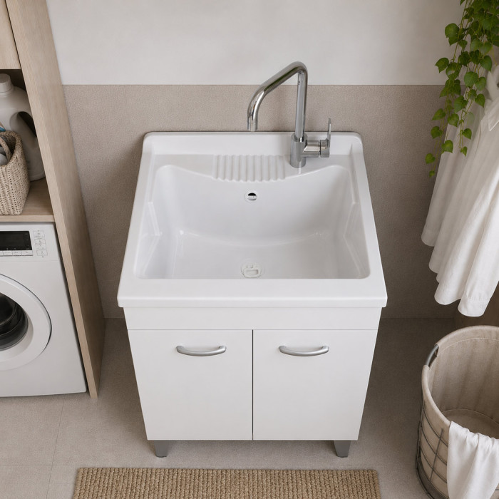 Mobile lavatoio lavanderia per interno in legno 2 ante L60 x P50 x H88 cm vasca in resina Bianco