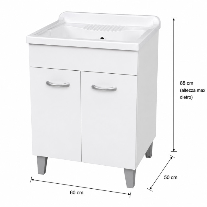 Mobile lavatoio lavanderia per interno in legno 2 ante L60 x P50 x H88 cm vasca in resina Bianco