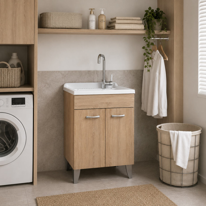 Mobile lavatoio lavanderia per interno in legno 2 ante L60 x P50 x H88 cm vasca in resina Rovere Well