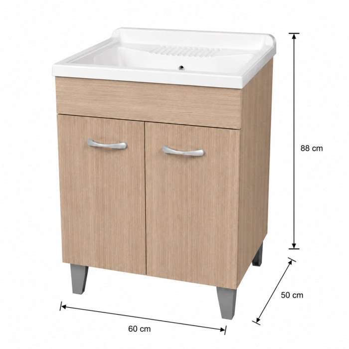 Mobile lavatoio lavanderia per interno in legno 2 ante L60 x P50 x H88 cm vasca in resina Rovere Well