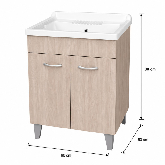 Mobile lavatoio lavanderia per interno in legno 2 ante L60 x P50 x H88 cm vasca in resina Olmo Perla