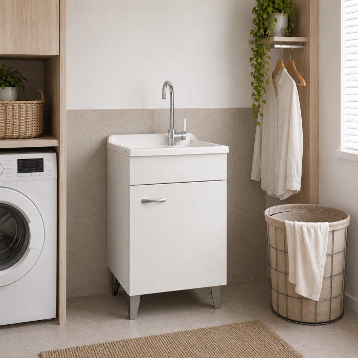 Mobile lavatoio lavanderia per interno in legno 1 anta L45 x P50 x H88 cm vasca in resina Bianco