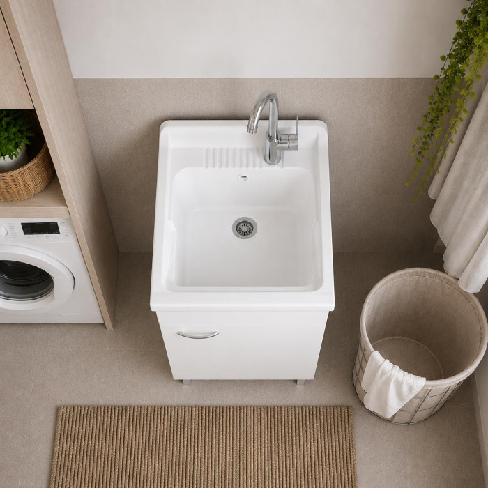 Mobile lavatoio lavanderia per interno in legno 1 anta L45 x P50 x H88 cm vasca in resina Bianco