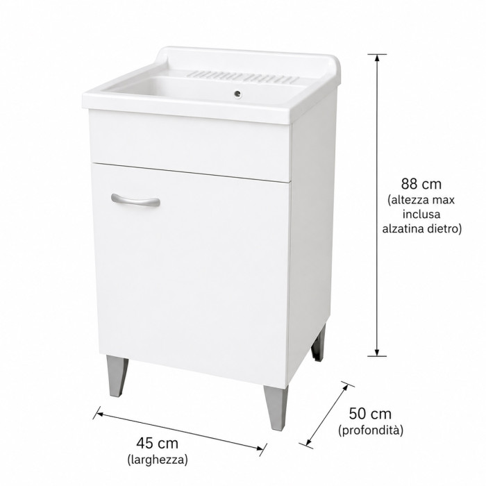 Mobile lavatoio lavanderia per interno in legno 1 anta L45 x P50 x H88 cm vasca in resina Bianco